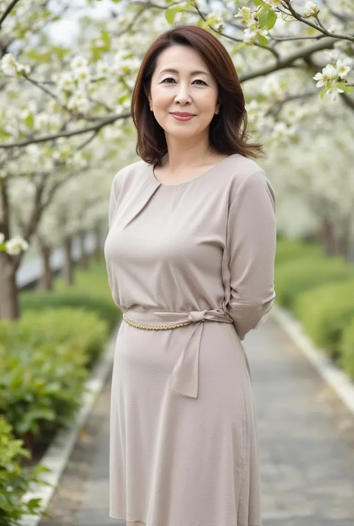 Tohoku aunt at the plum garden in early spring，Plum blossoms in full bloom，sparse green， Organic Photography 、 （telephoto lens：1.7），best quality 、  masterpiece 、 super high resolution 、46 years old、elegant face、 is wearing glasses，Wear bottoms，with clothes...