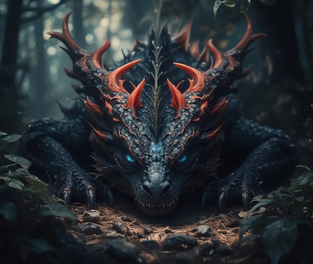 masterpiece, best quality, good quality, very aesthetic, absurdres, newest, 1dragon, solo, flame blue colour eyes, long red spikes, column spikes, Pale black skin, general wide shot, nose, resting in the forest, realistic, Cinematic Lighting, solemn look, ...