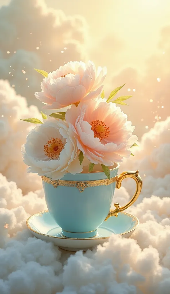 A whimsical fantasy composition featuring a delicate pastel blue porcelain cup with golden accents, placed in a dreamy cloud-filled setting. From the cup, a lush bouquet of soft white and peach peonies blooms upward, blending seamlessly with fluffy, cotton...