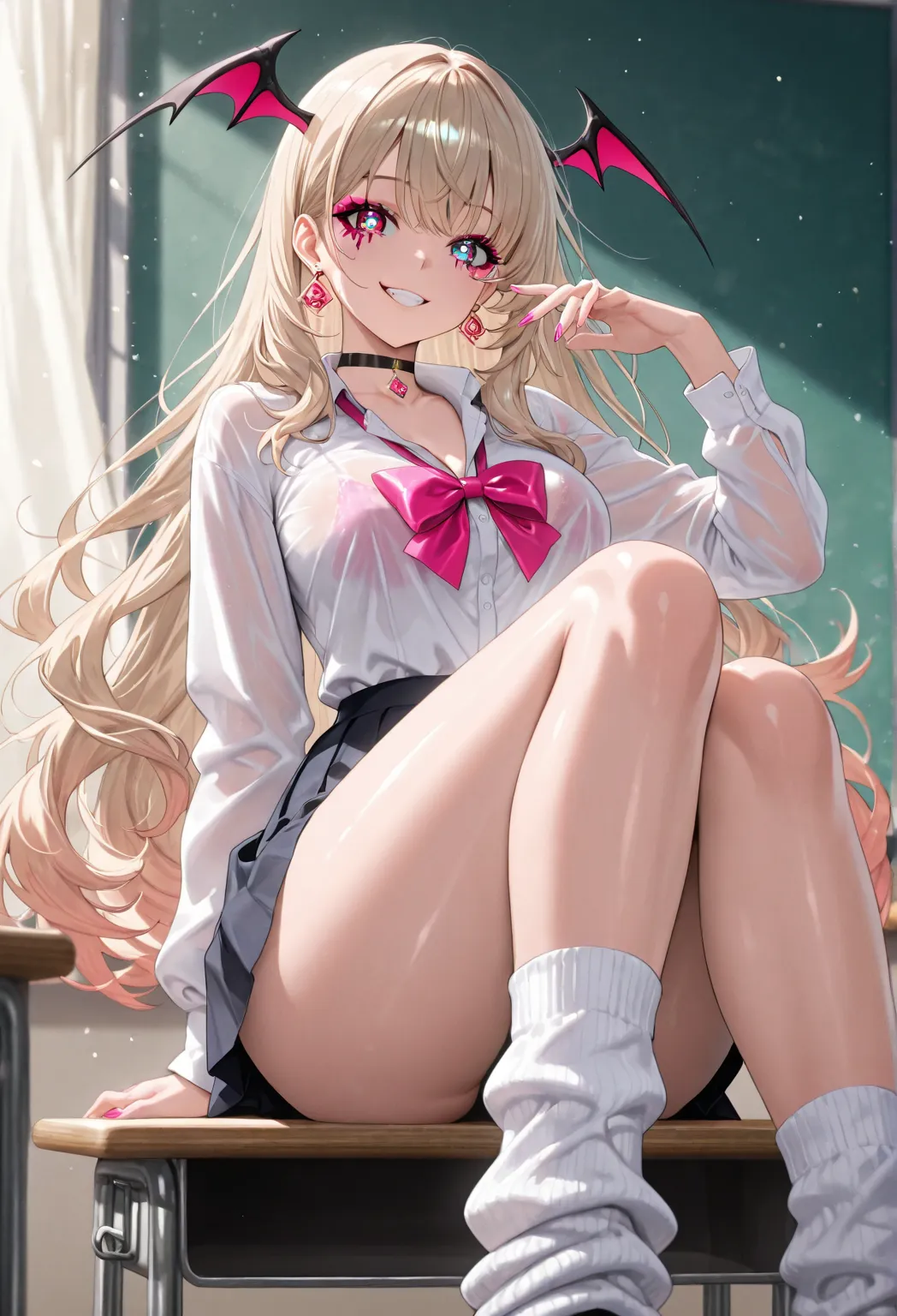 High School Girls、uniform、milk tea beige semi-long hair、The tips of the hair have loose, fluffy curls for a light impression、The bangs are see-through、Big almond-shaped eyes（Pink x gold gradation）、Kamigami、 provocative smile in cell anime style、Eye makeup ...