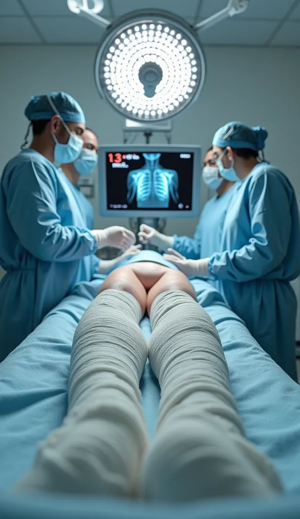 Ultra-realistic POV lying on a hospital bed. The legs are covered by thick and slightly raised bandages. The white ceiling reflects the intense light of the surgical lamp above, surrounded by a metal frame. Three Do light-blue aprons with surgical masks wo...