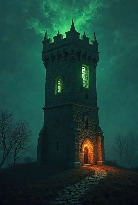 One medieval tower with a green orange light flowing from its window,  season summer , time of day night. The photo for the guild icon looks in my direction 