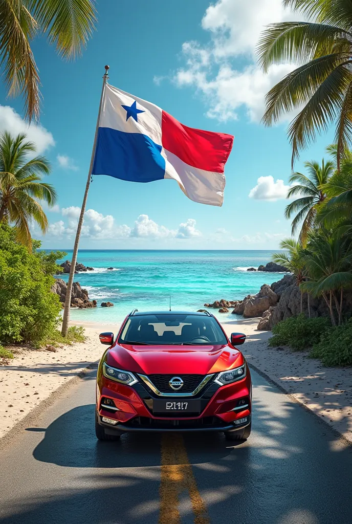 Create me an image of an asphalt road right on Chiriqui Beach, Panama up close and let the Panamanian flag be seen in the background. in a red Nissan Qhasqai 2020

