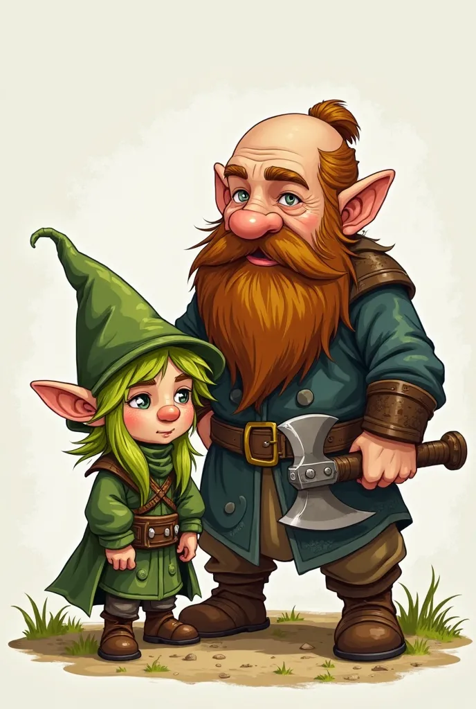 a cartoon image of a small green-haired wizard gnome without a hat, with his brown-bearded dwarf companion, bald guy with ponytail carrying his axe. The dwarf is taller than the dwarf.  inspired by Johannes Helgeson 