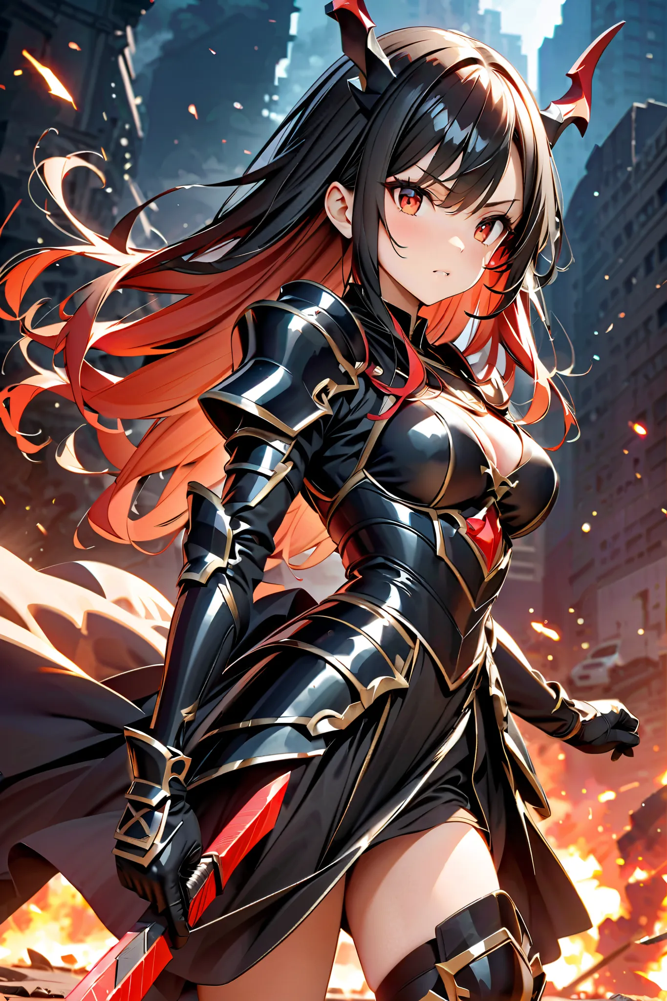 A girl holding a weapon and fighting、
1 girl, serious expression、 long hair,  black hair, Dragon Horns, Dragon wings on the back：1.2、red eyes,  cute face、Armed Girl、Compact Black Armor、exquisite black gauntlet、Exquisite shin guard
pictures、Ornate Armor、flo...