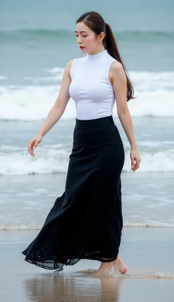 an office lady, was playing on the beach during heavy rain,  facing the camera,  using a white sleeveless turtle neck t-shirt, using a long closed skirt to the toe fishtail model in black, big boobs,  ideal body shape, red lips,  t-shirt and wet clothes, H...