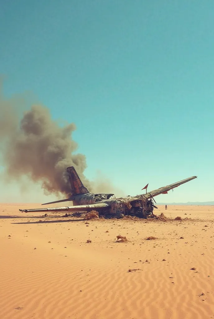 "A striking and dramatic scene set in a vast desert, featuring the wreckage of a crashed airplane partially buried in the sand. Smoke billows ominously from the back of the aircraft, contrasting sharply with the clear blue sky above. The surrounding landsc...