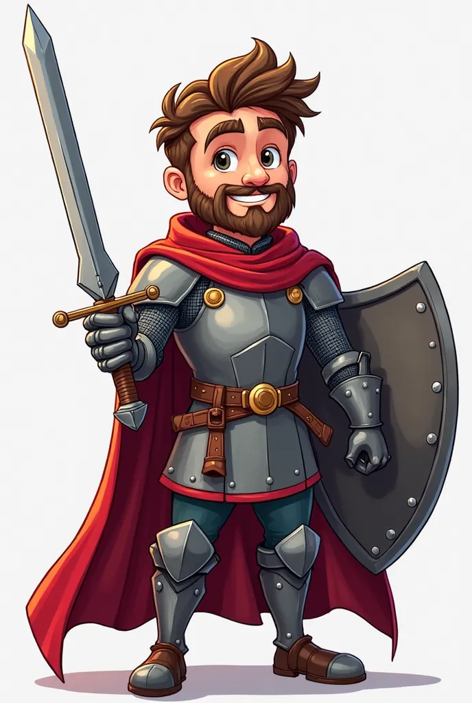 Create a character based on comic books in Cartoon style. The cartoon will be in the shape of a warrior wearing gray knight clothes. He will be wearing his red cloak and his sword and shield in his hands 