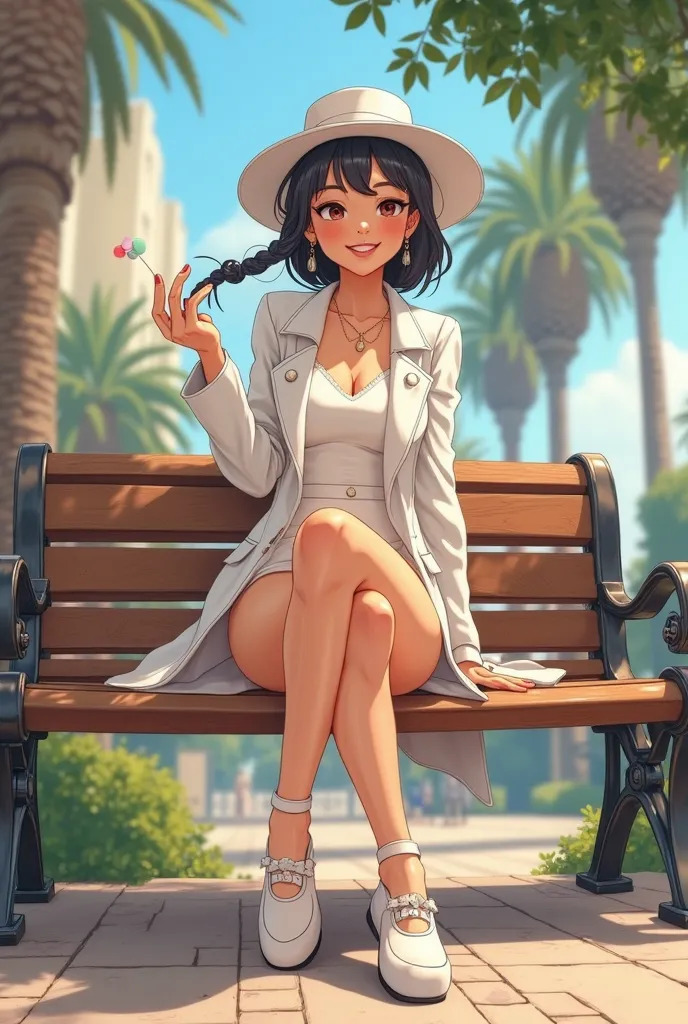 Tip: A very lovely Asian American being happy alone on a park bench in Downtown San Diego in the sun… The illustration is a high definition illustration with 4k resolution., with highly detailed facial features and cartoon style visuals, white leotard, whi...