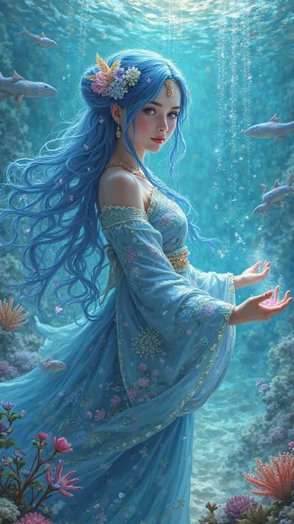 4K The Girl Who Uses Magic, Blue Braids, Pink Eyes, The Tale of the Sea, Jewel Kimono