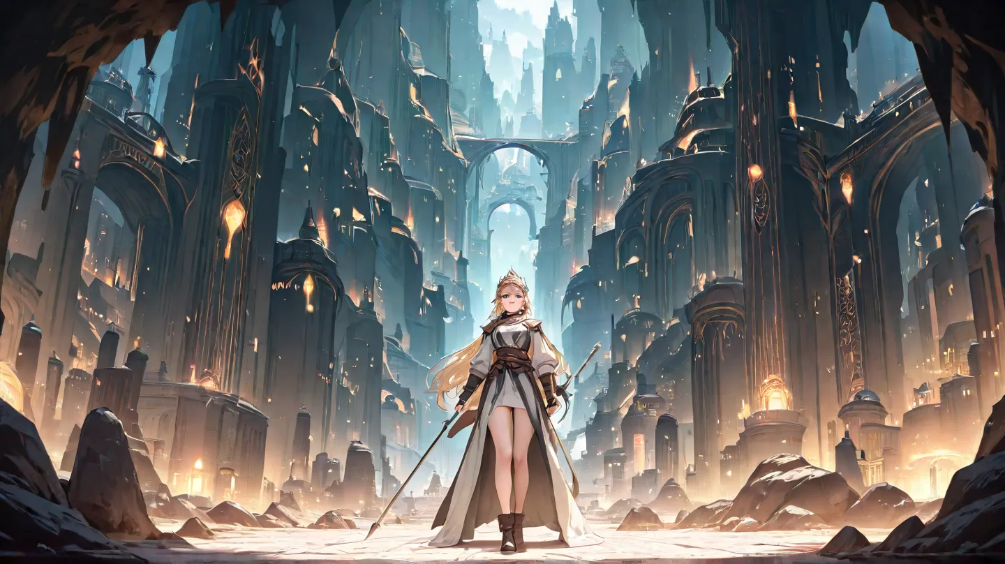  huge _매우 높은 해상도, high resolution, 걸작, recent "A medieval female adventurer stands on the edge of a huge underground cave. As you walk out of a high cave, a towering stone building,  legs, A very grand ancient underground city such as a temple is revealed....