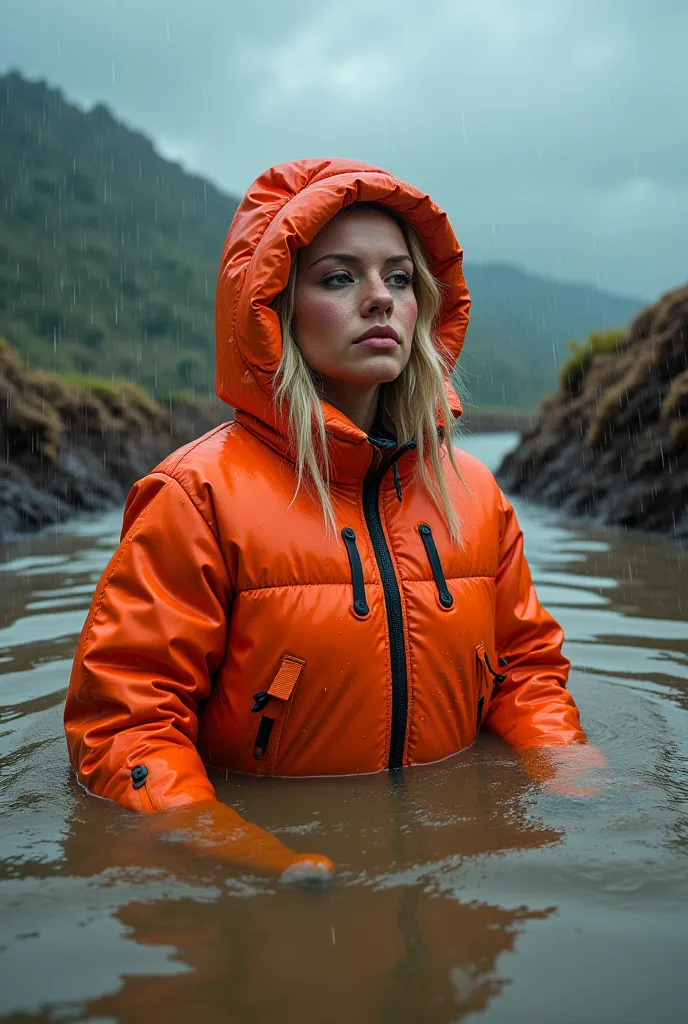 Sideview on blonde woman in mud-dirty heavy puffy padded neon one piece down suit with heavy puffy padded hood and puffy padded mittens, drowning inside deep mudpit, heavy rain and storm