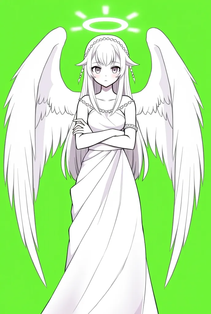 Made in the style of an adult anime character. The angel has large wings, halo and a complex hairstyle. She wears complex clothes, consisting of layers of fabric and headbands. The background is a bright green. The whole image, except for the background , ...