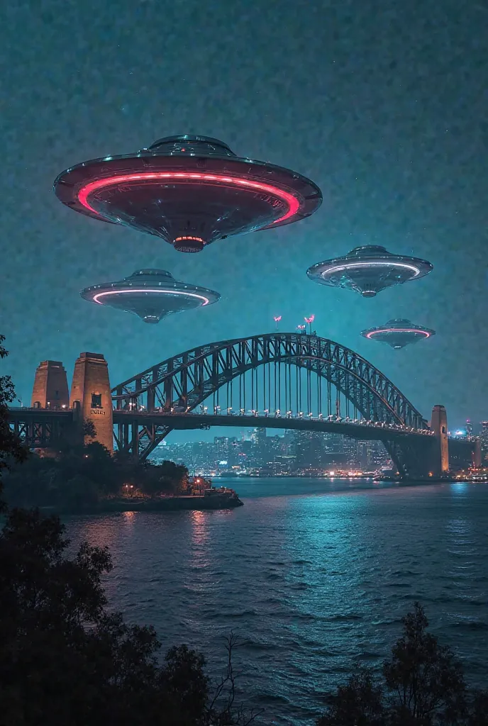 A fleet of UFOs hover over the Sydney Harbour bridge in Australia. It's a dark, neon, gloomy atmosphere 