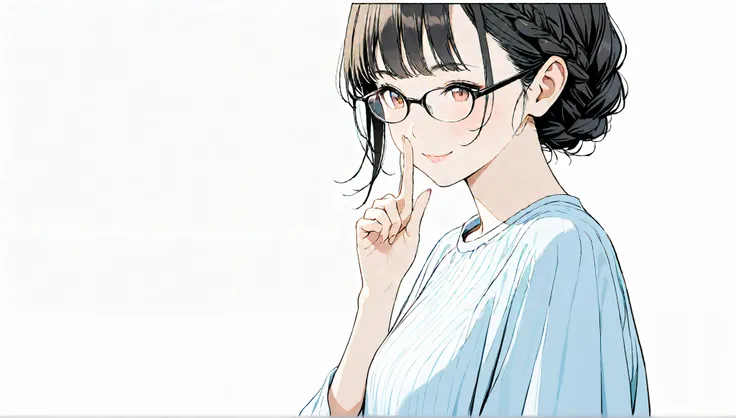 ((Smile))、((alone)),((shushing)),wind、((face up)),((White solid background)),no nose,((black hair braid long hairstyle)), has red cheeks、(((black rimmed glasses))),masterpiece, Highest quality, Beautiful attention to detail, Very detailed, In detail, High ...