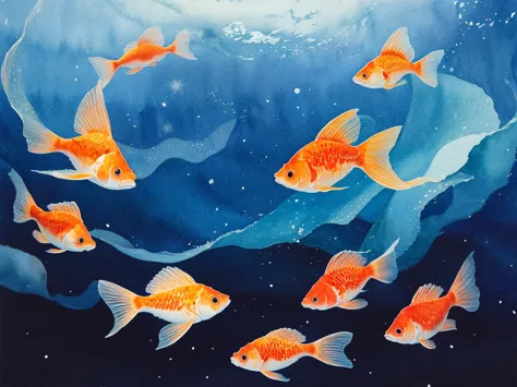 A mesmerizing watercolor-style artwork featuring elegant red and orange goldfish swimming gracefully in a cosmic-inspired pond. The water is deep indigo and midnight blue, resembling a starry galaxy, with soft ripples reflecting ethereal light. Tiny glowin...