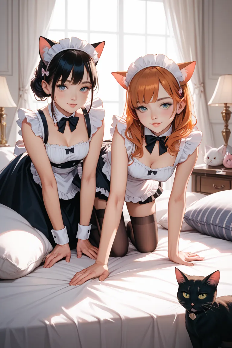 Cat ear maid outfit　on the bed　lure　2 girls　on all fours