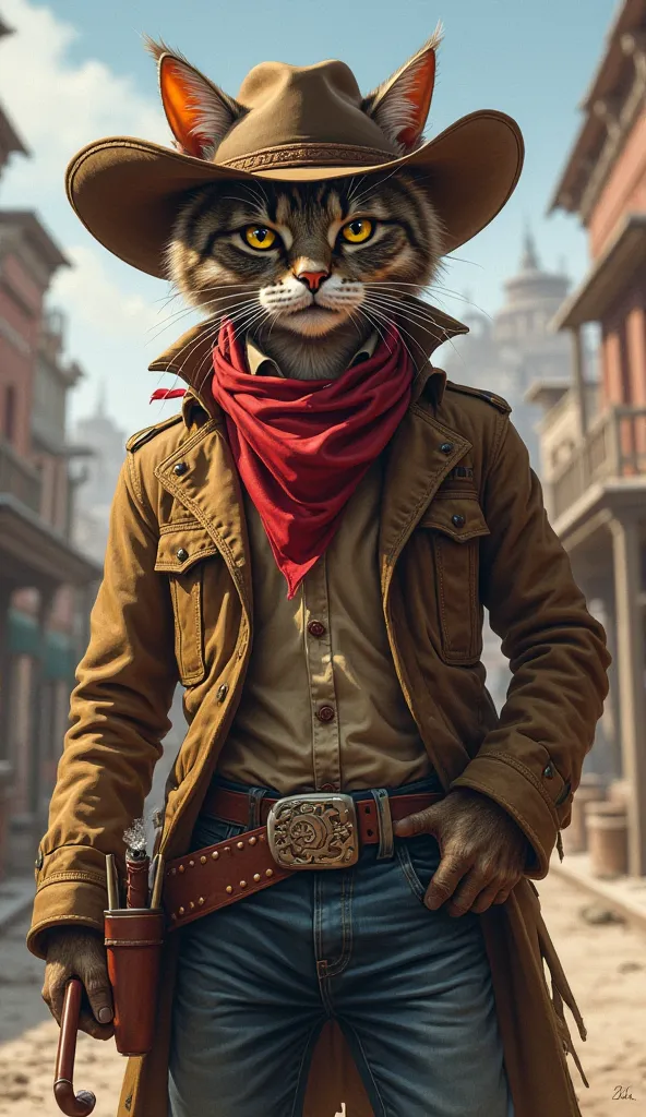 west cat with hunter eyes, boots western jacket and cowboy hat with a red hankerchief in his neck and  , lighting a smoke pipe from his hands  in a background of a west city and dust