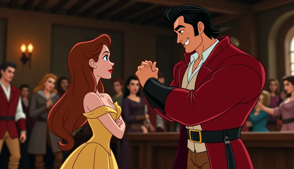 Gaston’s Proposal – A tall, muscular young man (Gaston, late 20s) with slicked-back black hair and a square jaw stands in front of Belle, wearing a red hunting jacket, brown pants, knee-high black boots, and a wide leather belt. He grins confidently while ...