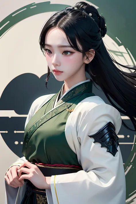 1 girl, heroine, handsome, splashed ink, Chinese armor, (upper body), black hair, floating hair, delicate eyes, black and green antique damask Hanfu, fov, (f1.8), (masterpiece), (portrait shot), front shot, white background, (movie poster), weapon