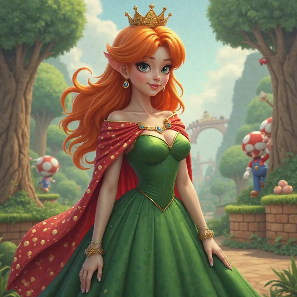 Create realistic real image , realistic human as a sexy pale-skinned woman dressed in a magnificent princesse green dress , with red with withe polka dot shawl ,with orange and yellow bridge hair , with mario bros world in the back