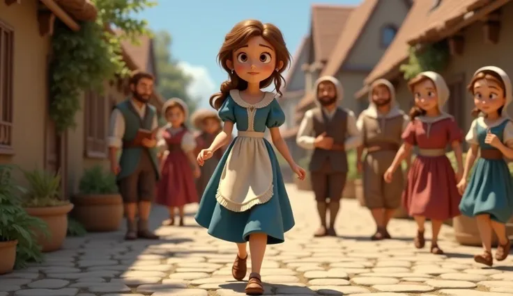 Belle Walking Through the Village – A young woman (Belle, early 20s) with long brown hair tied in a loose ponytail walks through a cobblestone village, wearing a blue dress with a white apron and brown shoes, carrying an open book. Male and female villager...