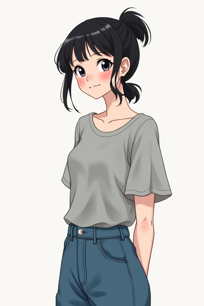 고화질, short woman , is cute, Pale white skin and dark black hair tied in a loose ponytail. She's standing with her arms behind her back. She's wearing a tight grey t-shirt and loose blue jeans. 그녀는 매우 is cute 얼굴과 밝은 녹색 눈을 가지고 있습니다 