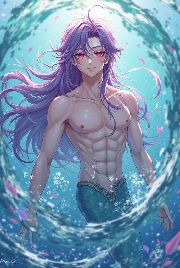 Male mermaid sweet anime style features, about 27 years old long purple hats, pink eyes toned physique, beautiful . Stile Whuthering Waves 