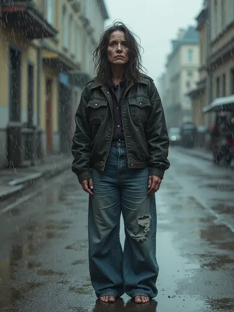 Homeless beautiful and boring Russian woman mega-flare jeans feet a lot of wet rain