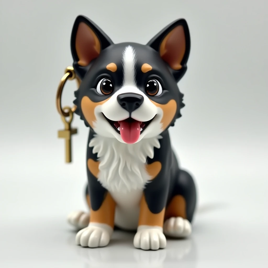 Show me a keychain made of a dog.
The dog should be sitting and show me a cool dog with a unique color.
The dog is made of resin and is a combination of black and white.
The resin should be slightly transparent and shiny.