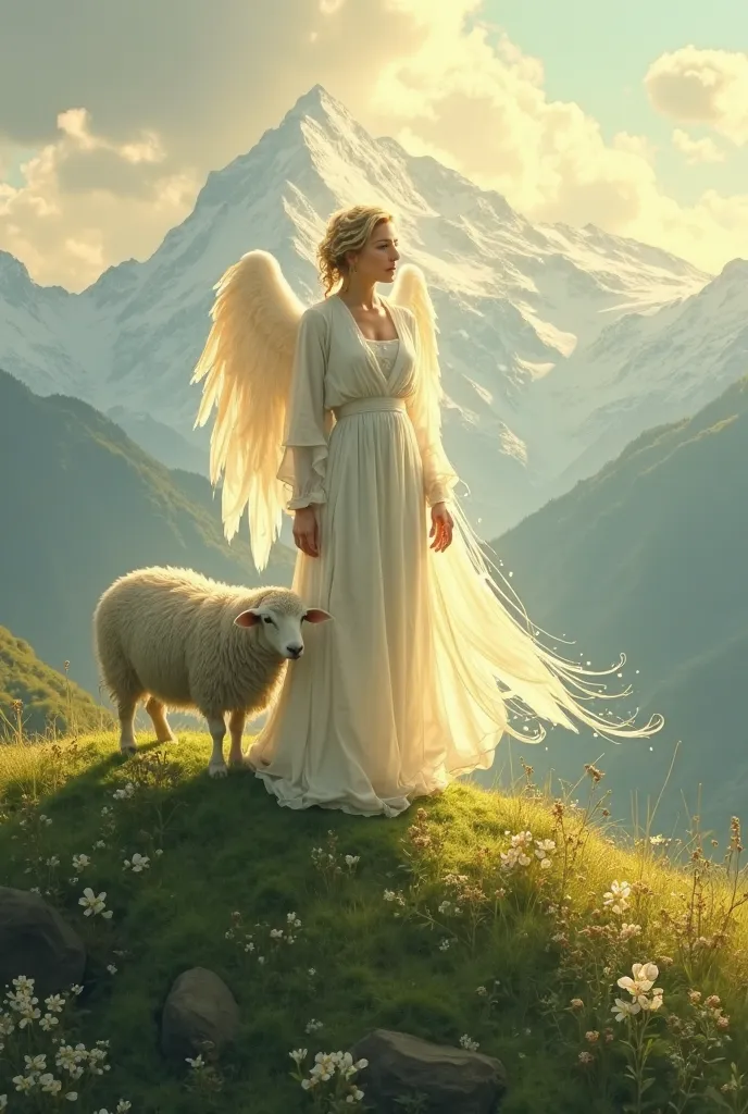 an angle who looks a man wearing a white came up with a sheep on the hill of mount