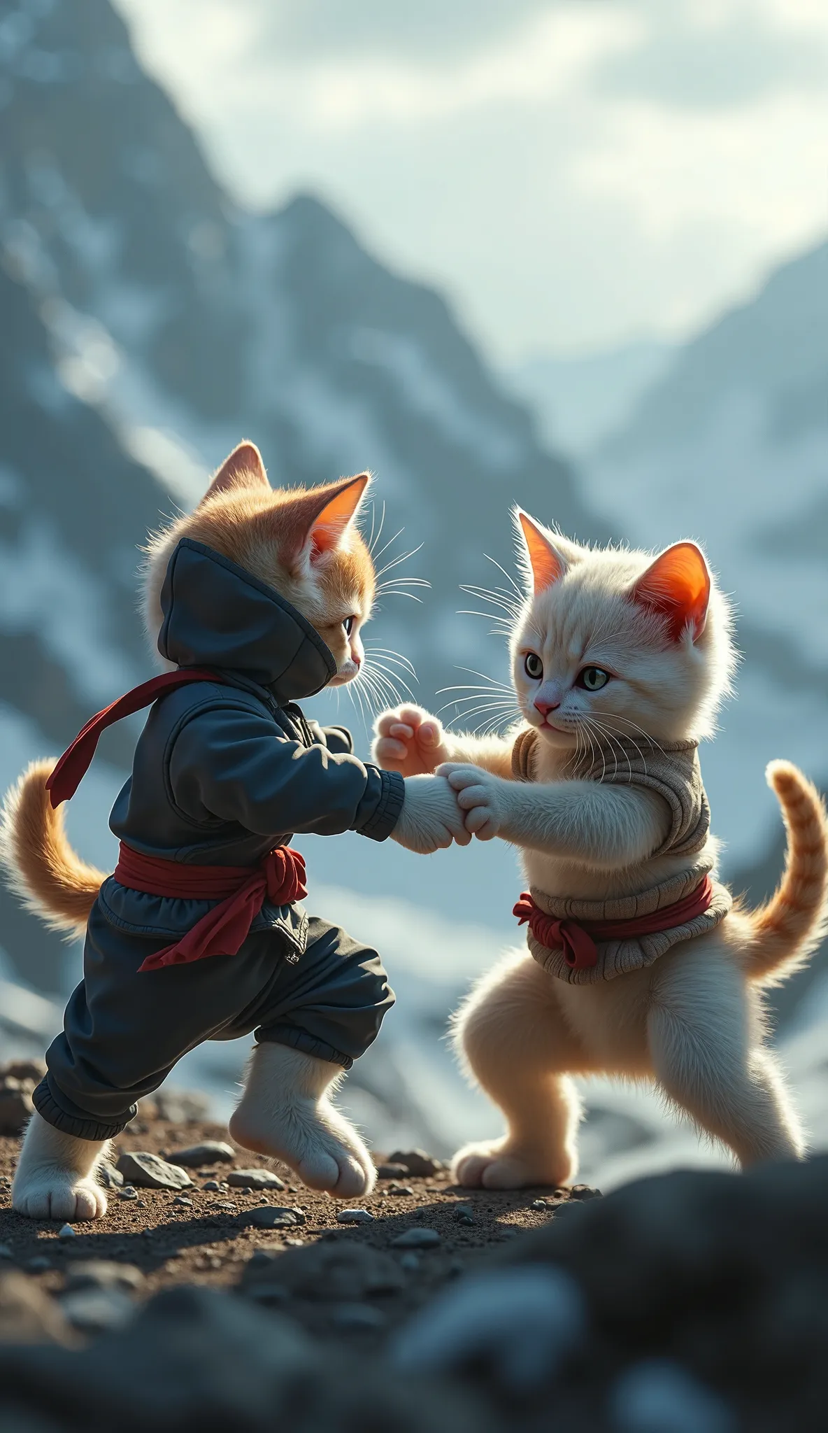 Cute baby two ninja cat, fighting pose, Cinematic action scene UHD.8kultra*masterpiece*