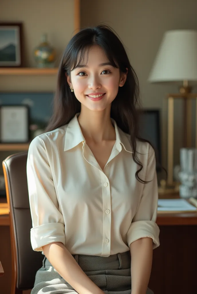 masterpiece, 8k, photorealistic, beautiful Japanese mother, 40 years old, casual clothes like a secretary, office, photoalbum