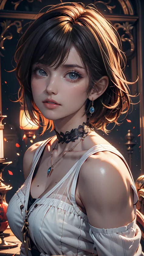 masterpiece, best quality,3dレンダリング作品 ,3dMMスタイル,close-up,portrait, 3d,1 girl, Alone, multicolored hair,  Lantern,   black hair, necklaces, freckles,  jewelry, two-tone hair, look to the side, realistic, upper body, simple background, bangs, looks away, shor...