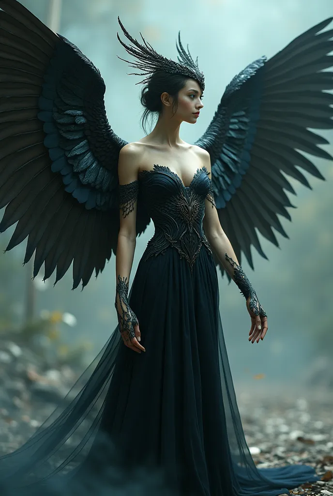 Beautiful girl with a bird's body, arms like wings, wearing a black dress 