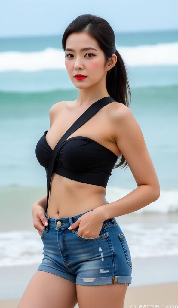 an office lady,  is playing on the beach ,  facing the camera, wearing a black bikini, using short denim pants, big boobs,  ideal body shape, red lips, Hair tied ponytail 