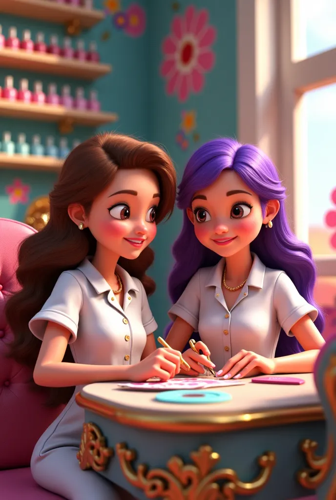 Can you create a Pixar-like image of two manicurist girls, one with long curly brown hair and the other with straight purple shoulder hair 