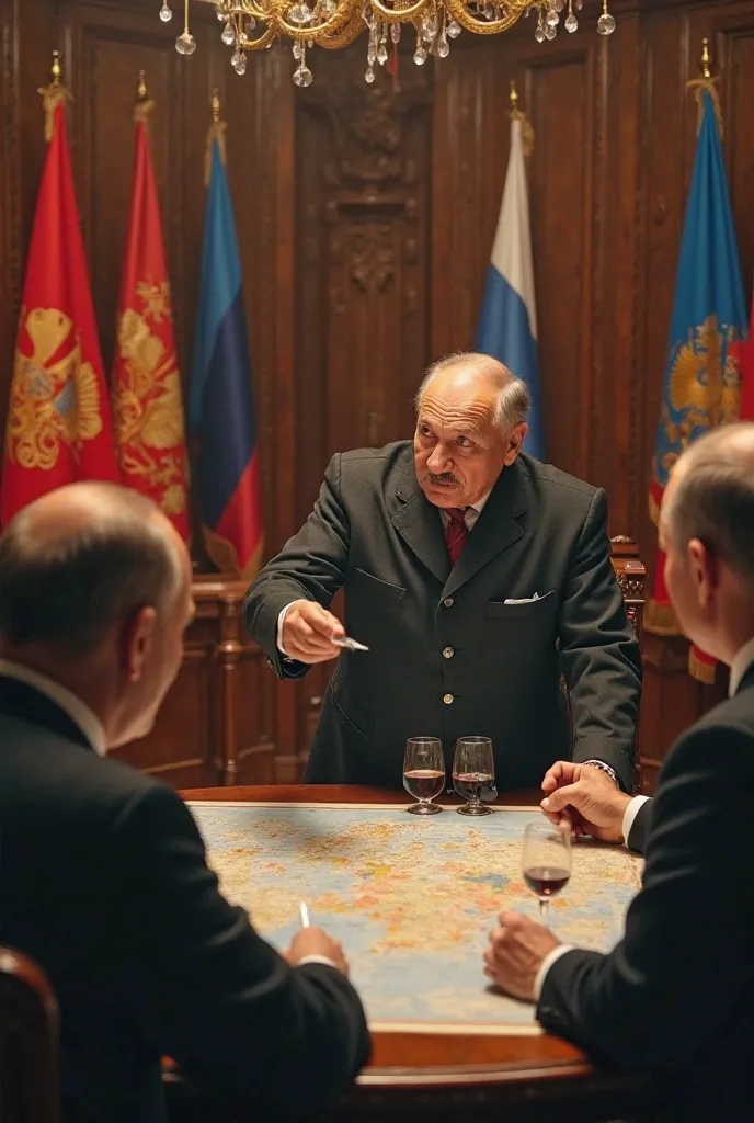 An old but still vigorous Stalin celebrating with Putin in the Kremlin's studio for the conquests! There is a table in the center of the room with a map and on the walls the last Soviet coat of arms adopted by Stalin and the Russian coat of arms in additio...