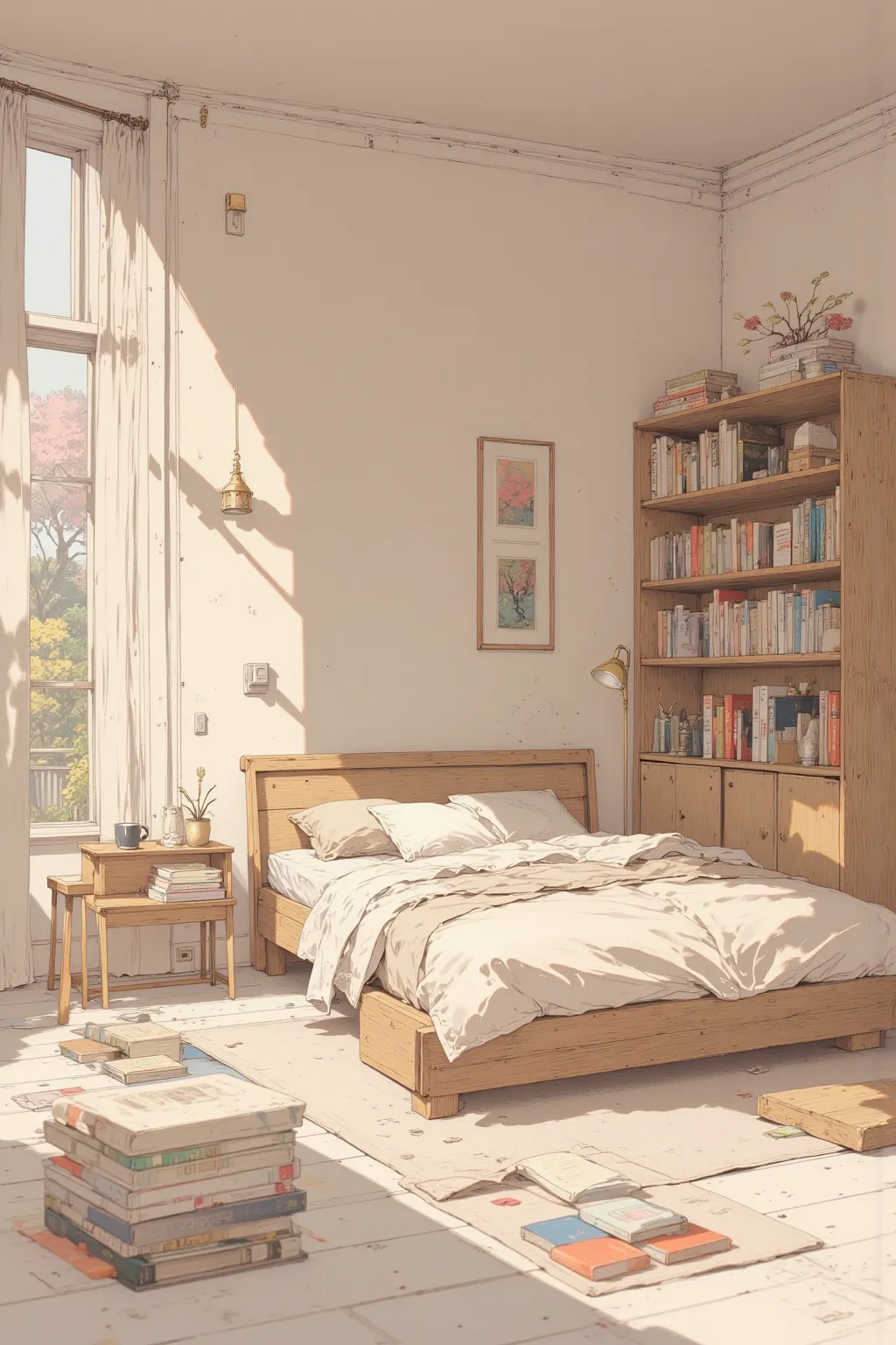  bed, table, A bookshelf full of books,  neutral color, minimalist room