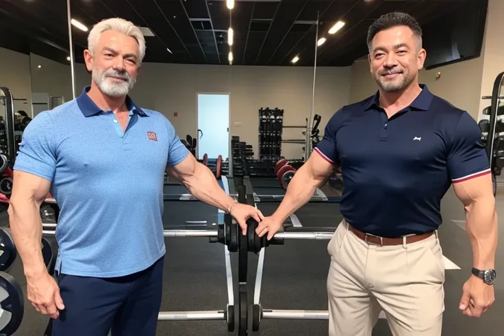 ポロシャツとチノパンを着た２fat middle-aged male bodybuilders wearing polos and chinos。