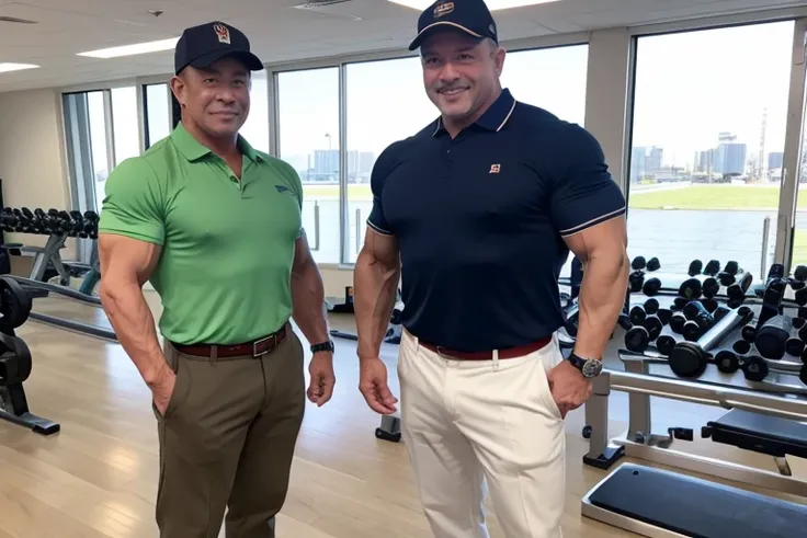 ポロシャツとチノパンを着た２fat middle-aged male bodybuilders wearing polos and chinos。