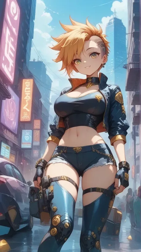 anime、cute、Big Breasts、 Gold、short hair、tsukishiroluna、CyberpunkWorld、tsukishiroluna