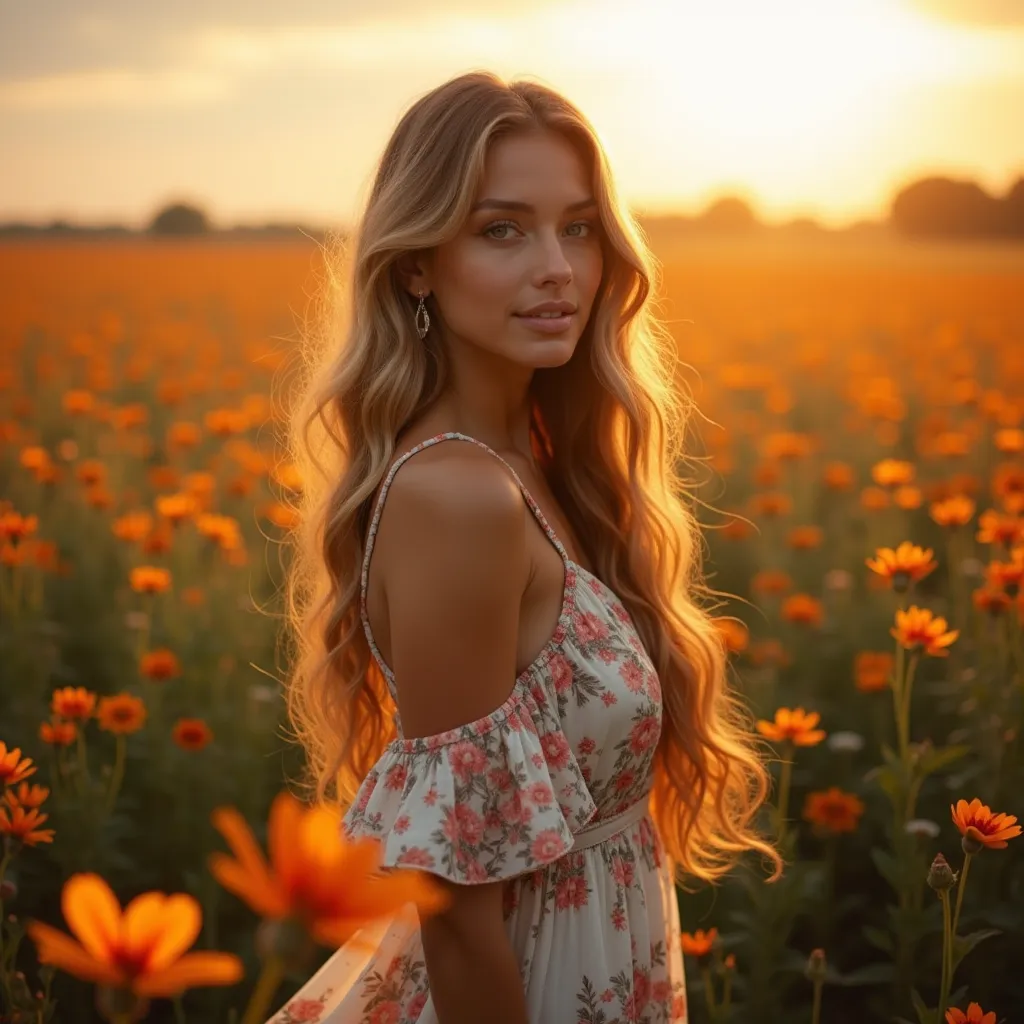 "A beautiful woman stands gracefully in surrounded by a sea of vibrant wildflowers. Her long, flowing hair cascades down her back in soft waves, catching the golden light of the setting sun. Her eyes are mesmerizing, with a deep, soulful gaze that seems to...