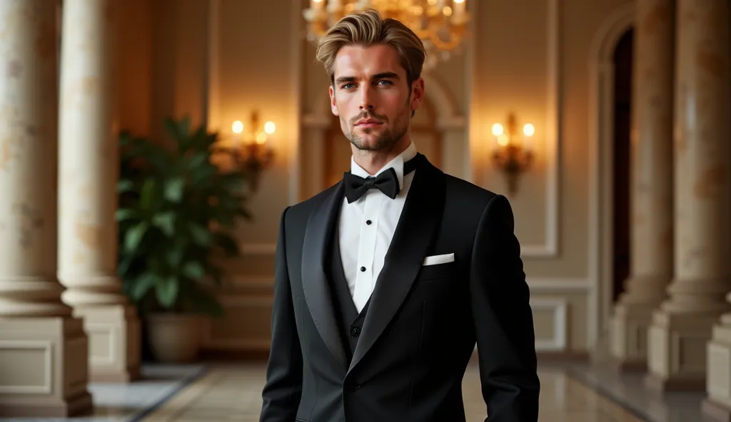 Create a hyper-realistic photograph of a tall, young blond millionaire wearing a luxurious, impeccably tailored wedding suit. He should exude confidence and refinement, with neatly styled blond hair and a poised, elegant posture that highlights his privile...