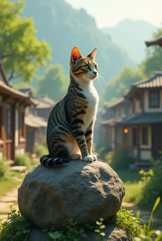 A wise and agile cat sitting on a rock in a peaceful village, looking thoughtful. The background shows small houses and trees.
