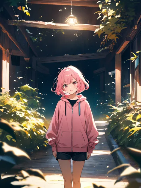 Petite girl with pink hair, unkempt bob cut shorts, zippered hoodie with empty center