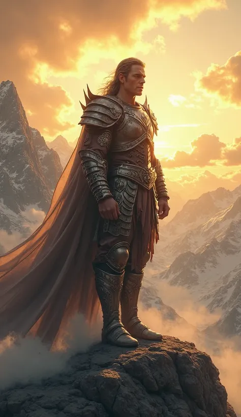 A warrior standing on a mountain peak, looking ahead with confidence and strength. A glowing light surrounds them, symbolizing divine protection. The sky is vast and majestic, filled with golden hues. 4K, ultra-realistic, cinematic lighting.