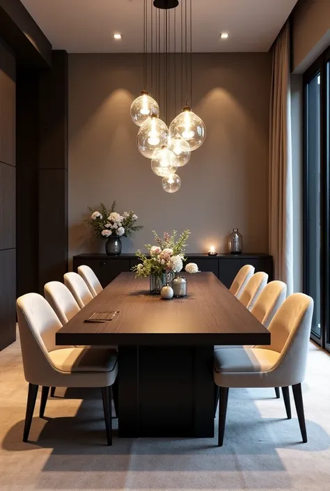 ( highly detailed ) 
The image portrays a modern and sophisticated dining room, with a design that prioritizes elegance and comfort. The main highlight is the long and sturdy dining table, that extends through the center of the environment, inviting group ...