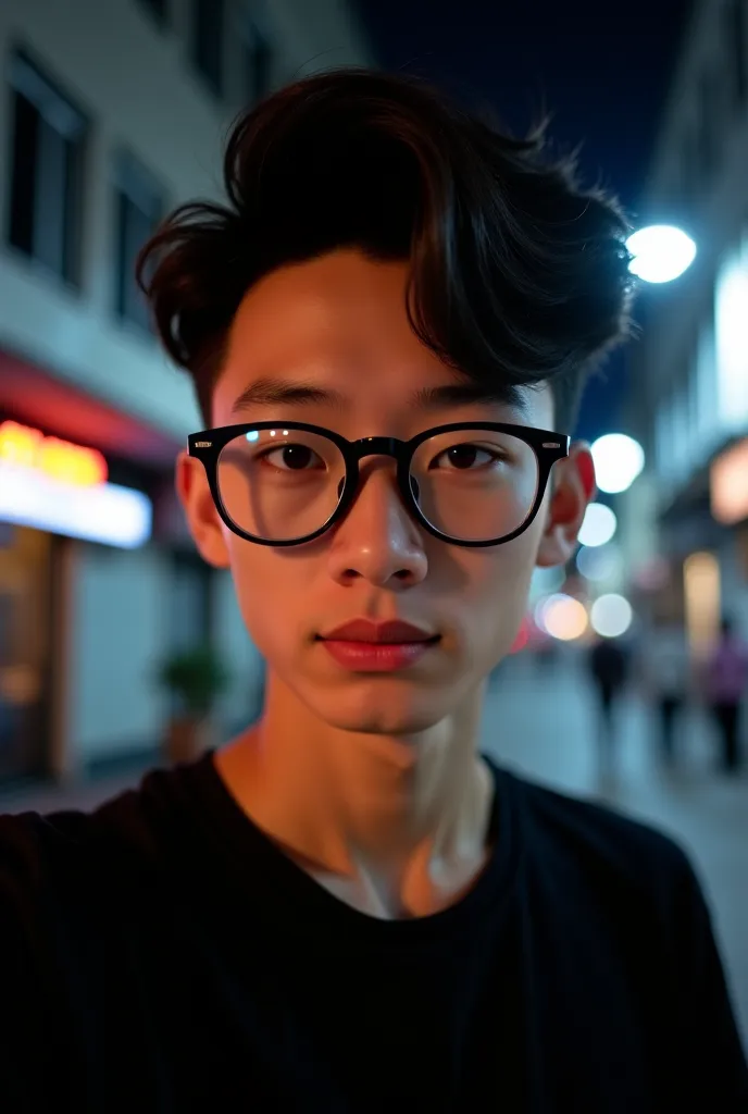 Create a 17-year-old young man with a striking, medium-length hairstyle. He has a handsome, Asian-inspired appearance with smooth, pearlescent fair skin. He wears stylish glasses and has a serious, focused expression. He is dressed in a black T-shirt. The ...