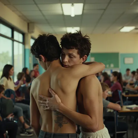 SPIKED HAIR, INK HAIR, TATOO, Two 15-year-old boys,Boy Focus,(((Hugging from behind))) and kissing on the neck,SHIRTLESS, UNDERWEAR, ,An empty classroom at dusk,Both have short hair,Black Hair,Spiky Hairstyles,Embarrassed expression,youth